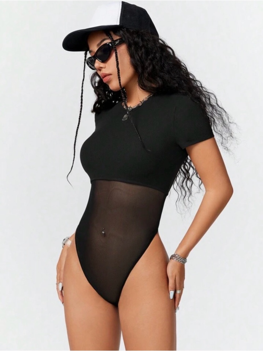 SHEIN Black Short Sleeve Mesh Panel Bodysuit